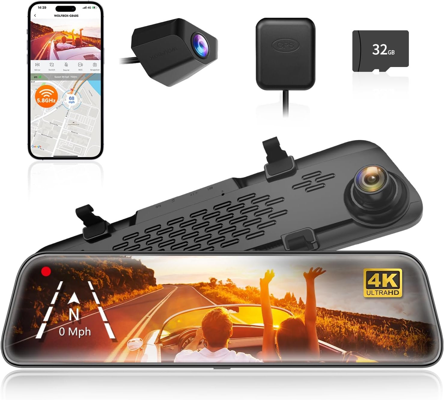 WOLFBOX G840S mirror dash cam with rear camera, GPS module, memory card, and mobile app